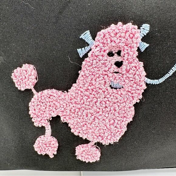 Sydney Love Back Tote Bag w/Pink Embroidered Poodles Black Fabric Fun Fashion - Picture 4 of 13